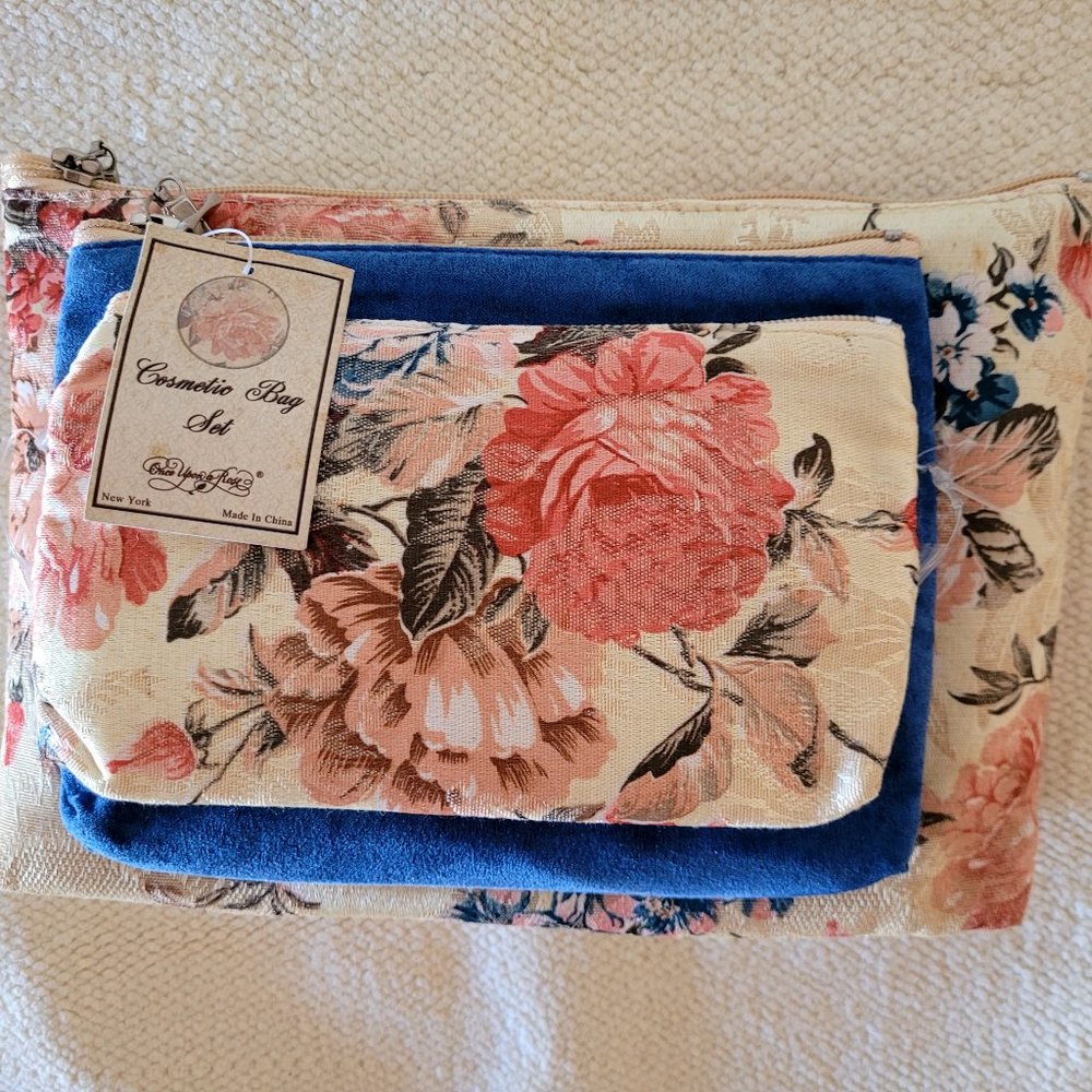 Once Upon A Rose Set of 3 Different Sizes Cosmetic Bags Floral and Blue New
